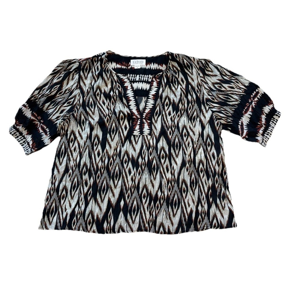Velvet‎ By Graham & Spencer Beatrice Ikat Top Medium Black Ecru Boho Split Neck
